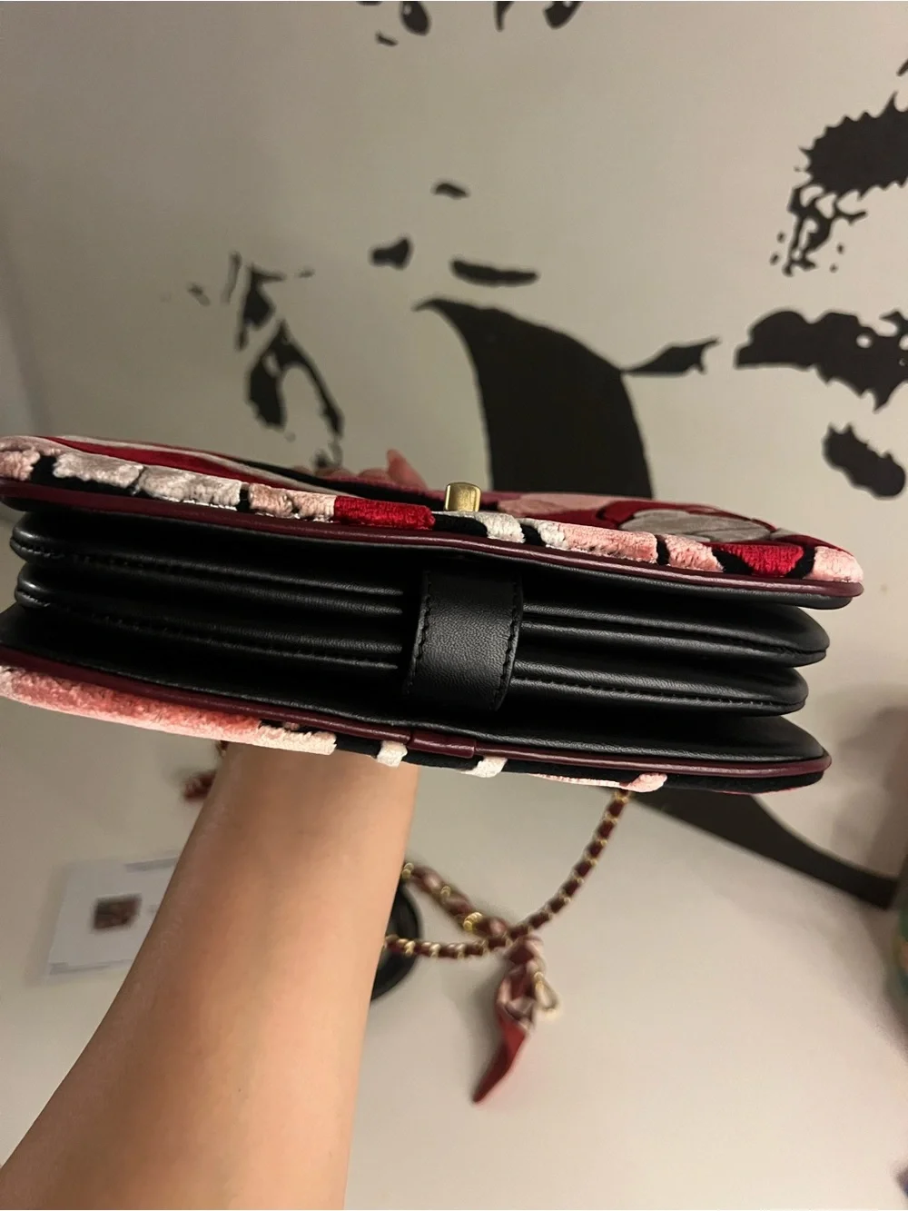 CHANEL Floral Velvet Chain Crossbody in Burgundy, Pink and Black